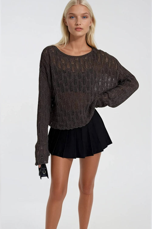 Boat Neck Open-Knit Brown Knit Blouse