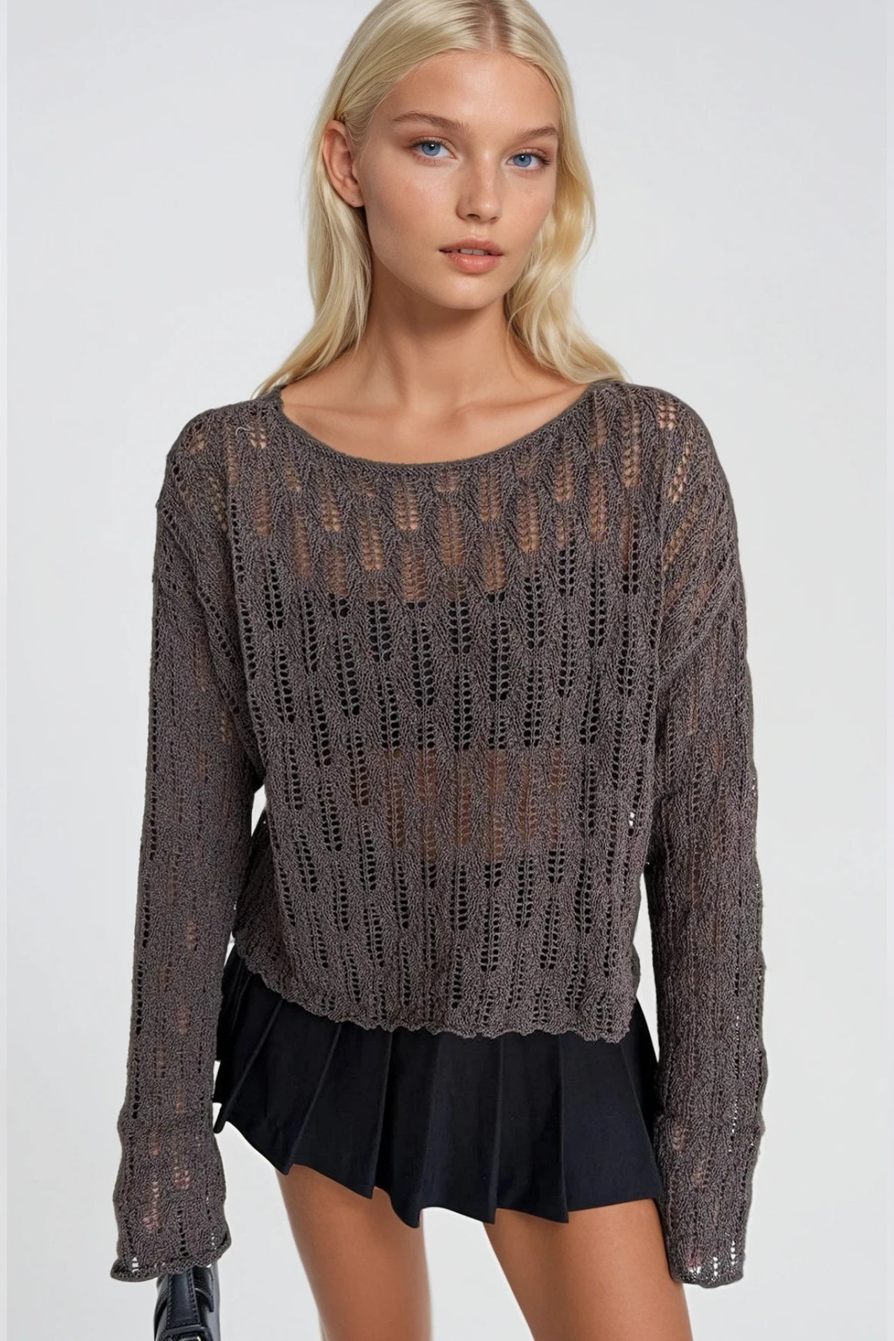 Boat Neck Open-Knit Brown Knit Blouse