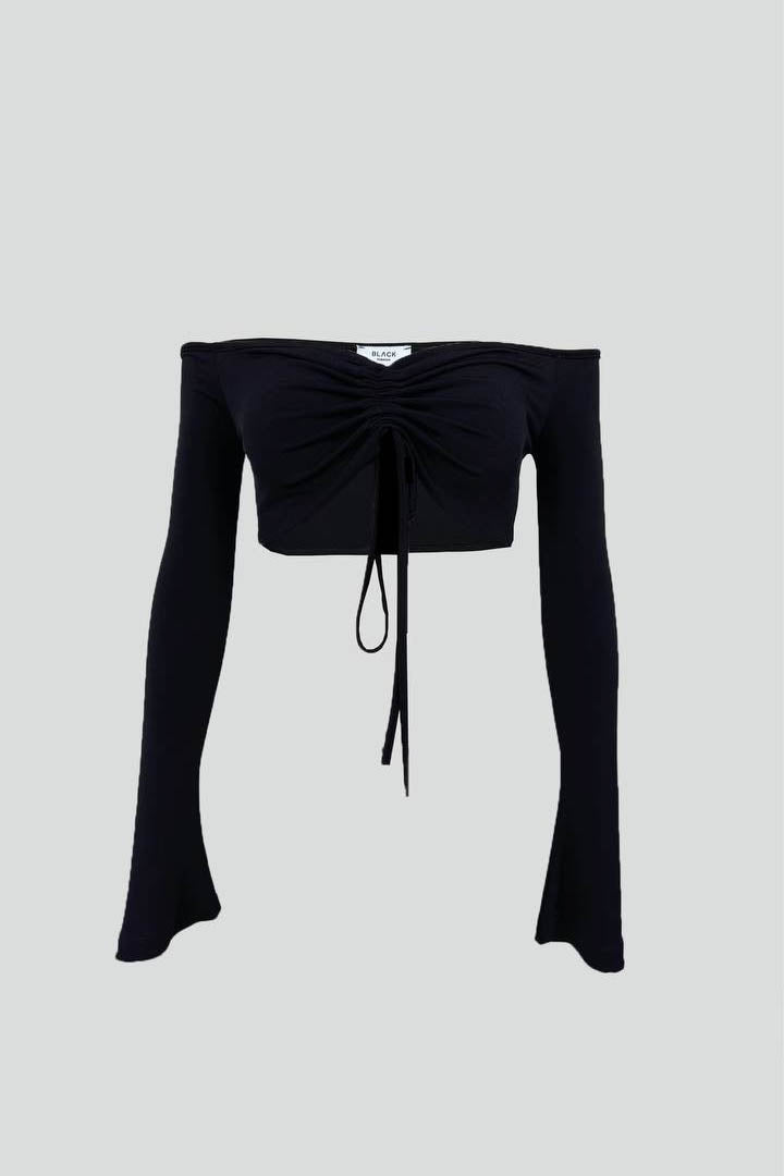 Boat Neck Adjustable Black Blouse