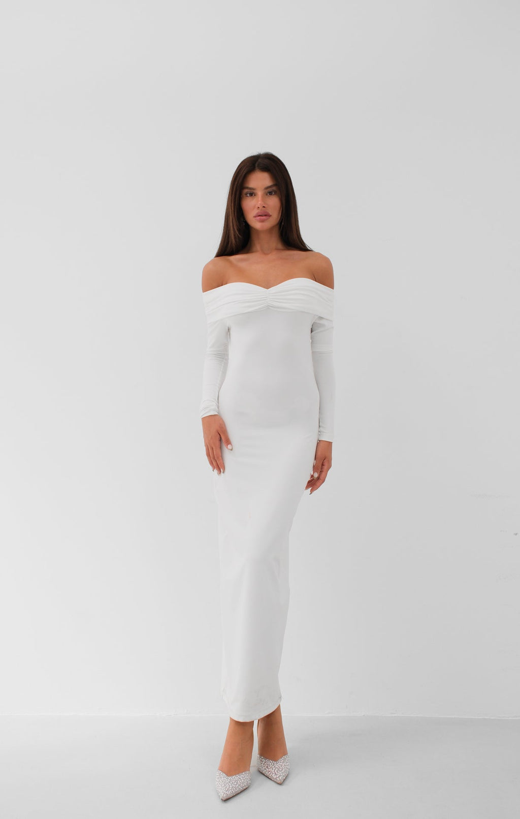Boat Neck Ruched Detay Ecru Maxi Dress