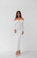 Boat Neck Ruched Detay Ecru Maxi Dress