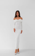 Boat Neck Ruched Detay Ecru Maxi Dress