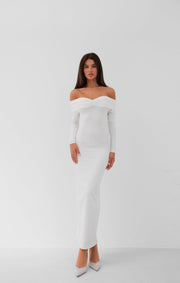 Boat Neck Gathered Detail Ecru Maxi Dress