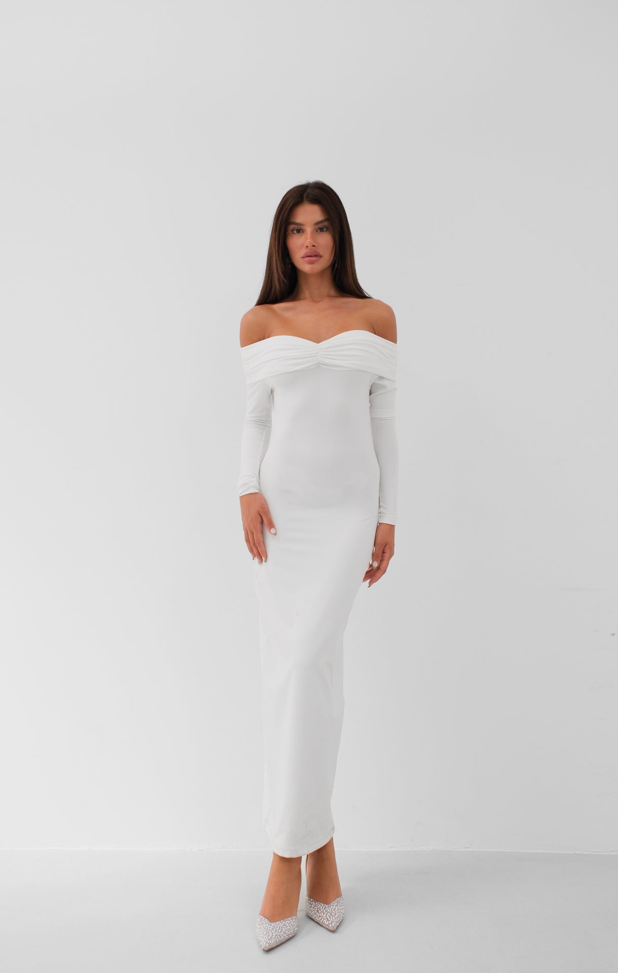 Boat Neck Ruched Detay Ecru Maxi Dress