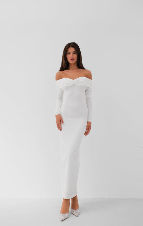 Boat Neck Ruched Detay Ecru Maxi Dress