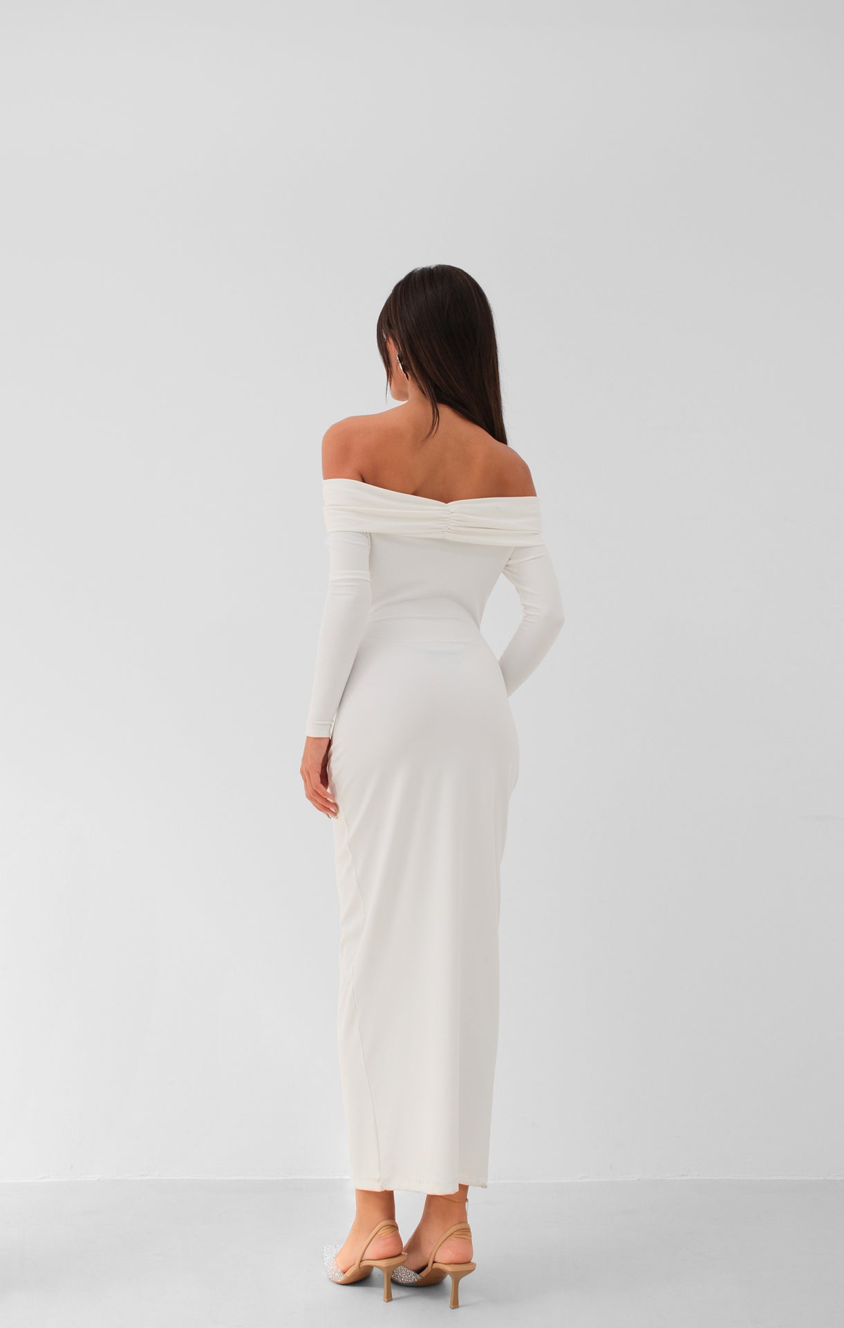 Boat Neck Ruched Detay Ecru Maxi Dress