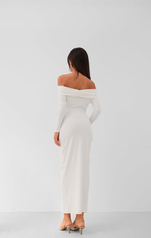 Boat Neck Ruched Detay Ecru Maxi Dress