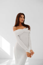Boat Neck Ruched Detay Ecru Maxi Dress