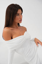 Boat Neck Ruched Detay Ecru Maxi Dress