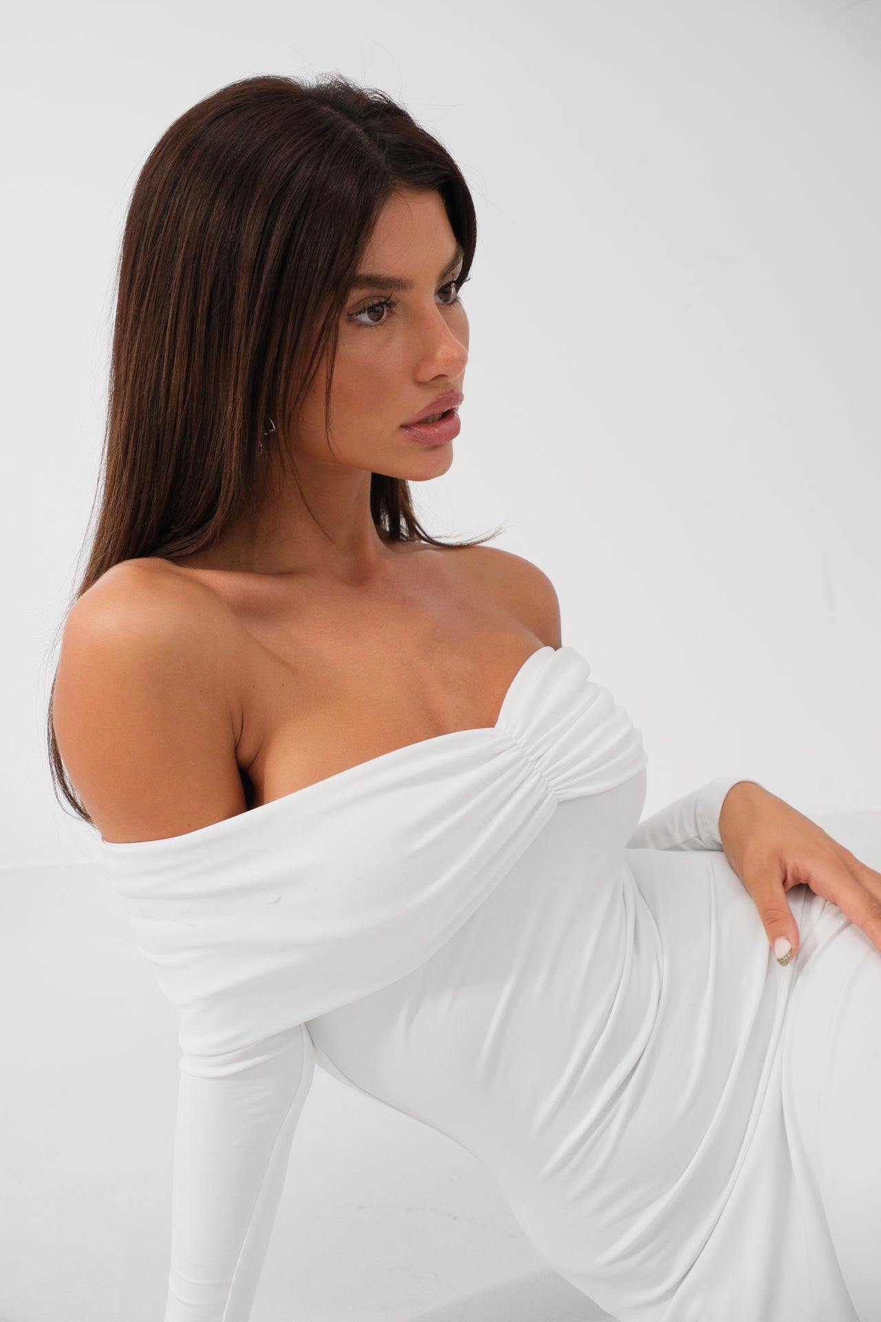 Boat Neck Ruched Detay Ecru Maxi Dress