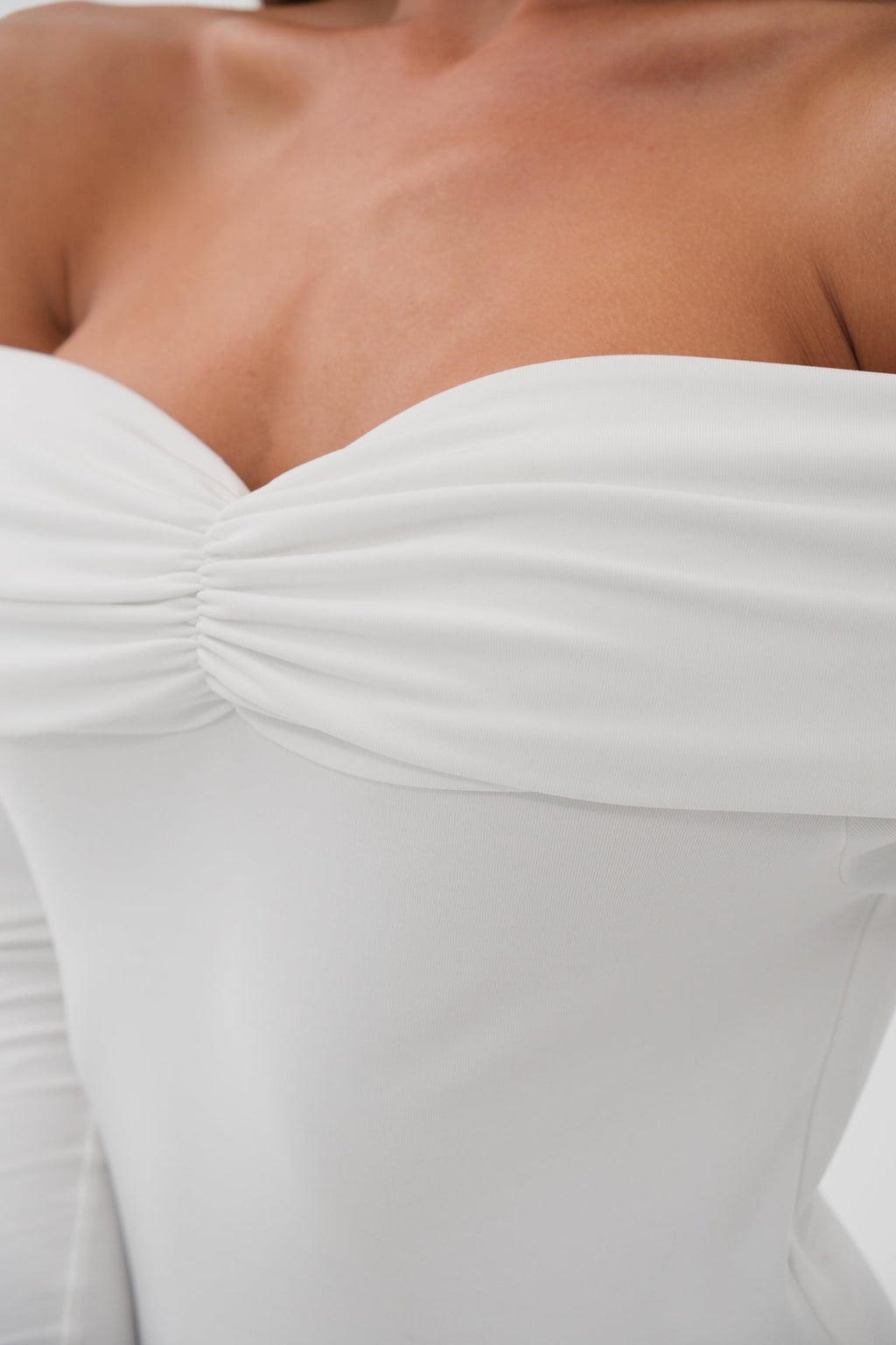 Boat Neck Ruched Detay Ecru Maxi Dress