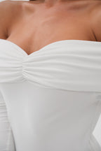Boat Neck Ruched Detay Ecru Maxi Dress