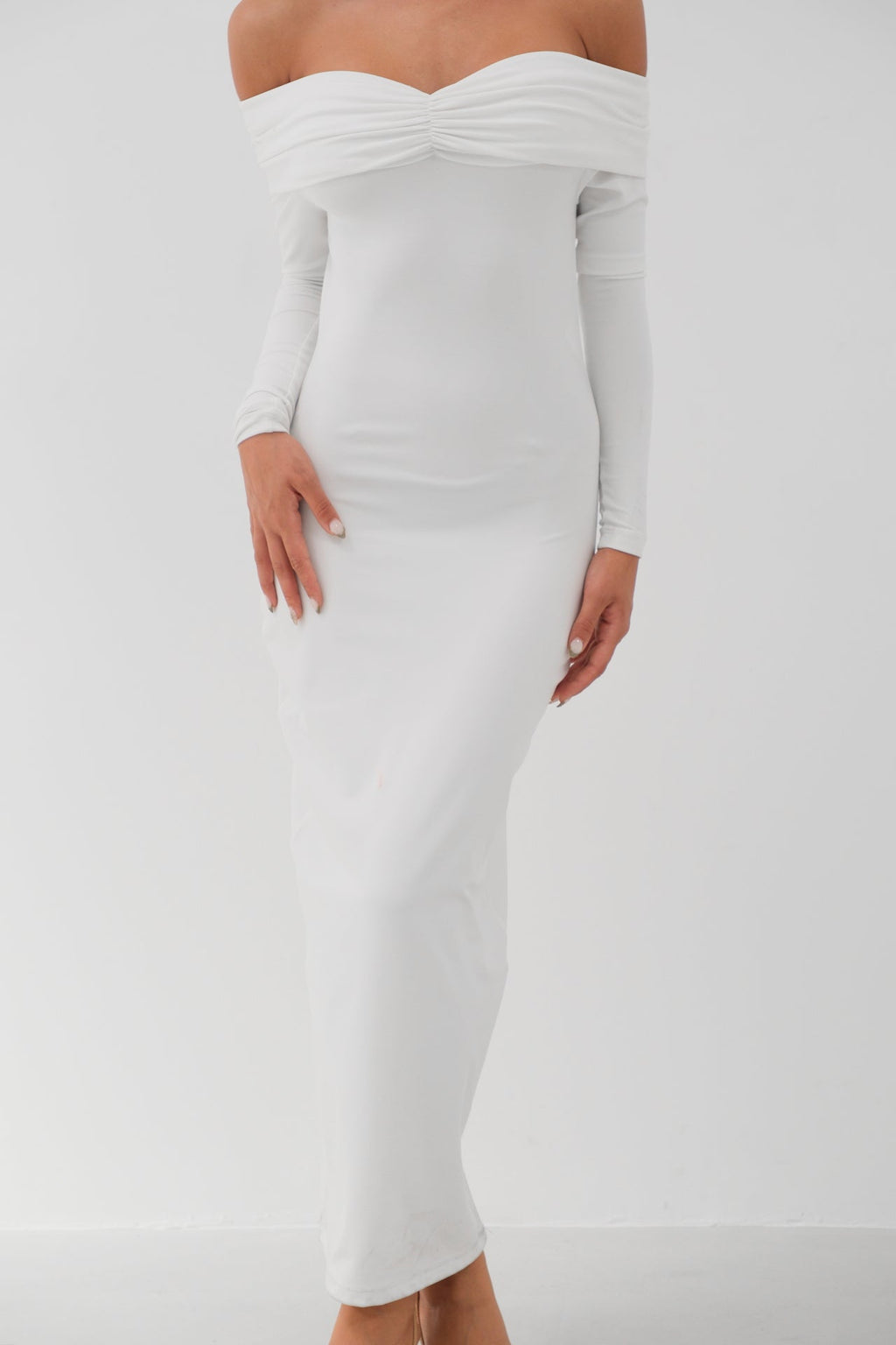 Boat Neck Ruched Detay Ecru Maxi Dress
