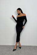 Boat Neck Ruched Detail Black Maxi Dress