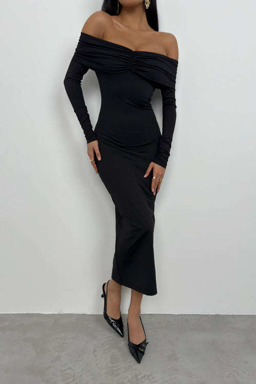 Boat Neck Ruched Detail Black Maxi Dress