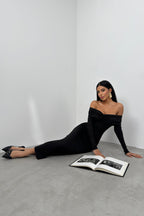 Boat Neck Ruched Detail Black Maxi Dress