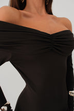 Boat Neck Ruched Detail Black Maxi Dress