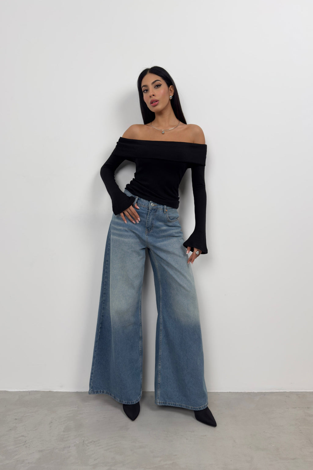 Boat Neck Drape Detail Black Blouse