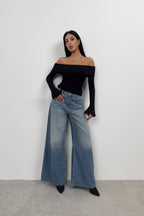 Boat Neck Drape Detail Black Blouse