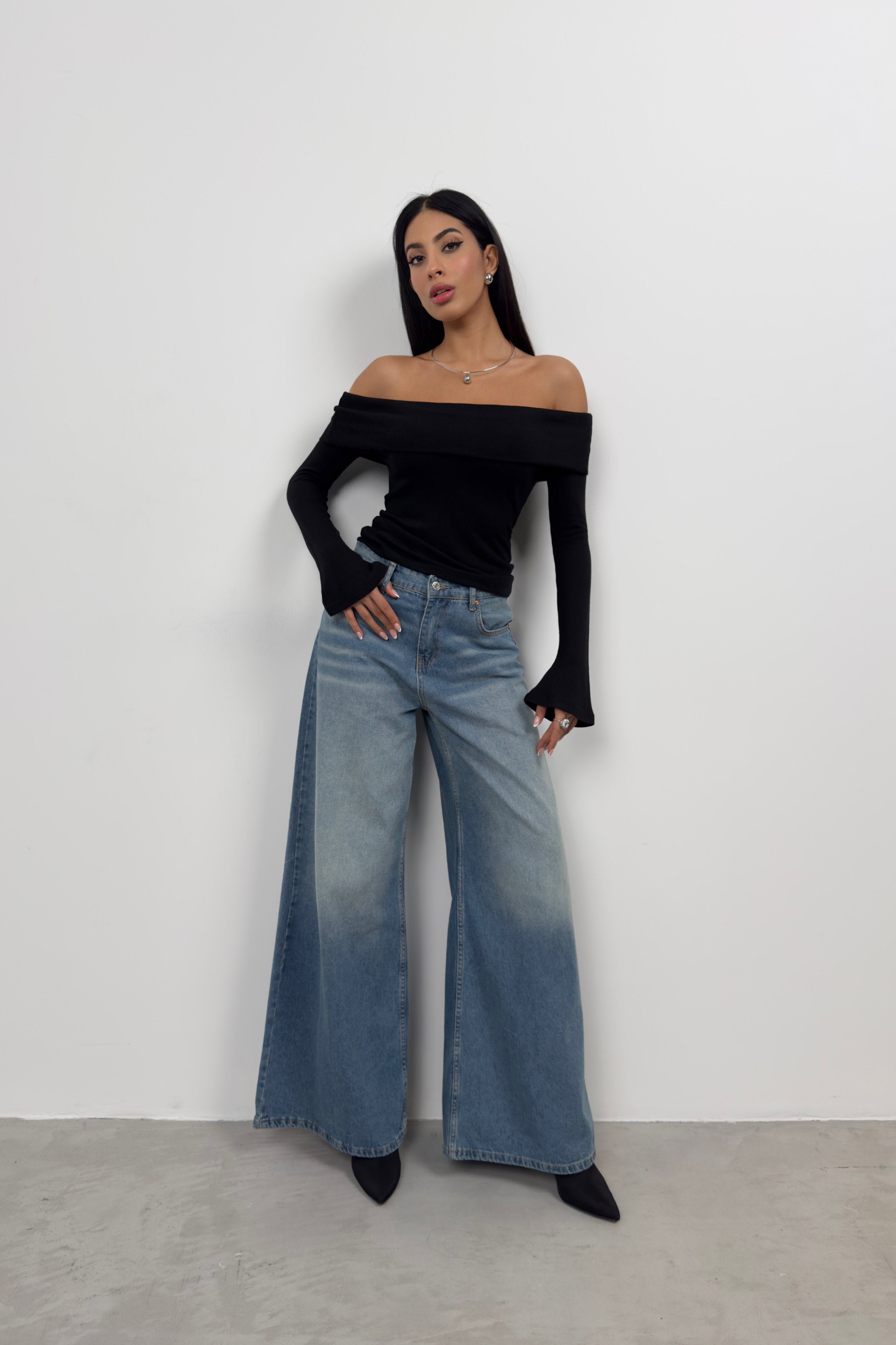 Boat Neck Drape Detail Black Blouse