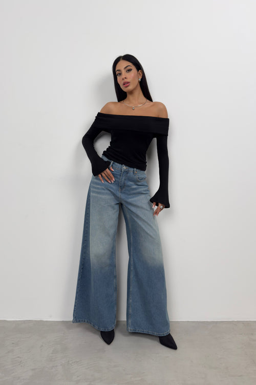 Boat Neck Drape Detail Black Blouse