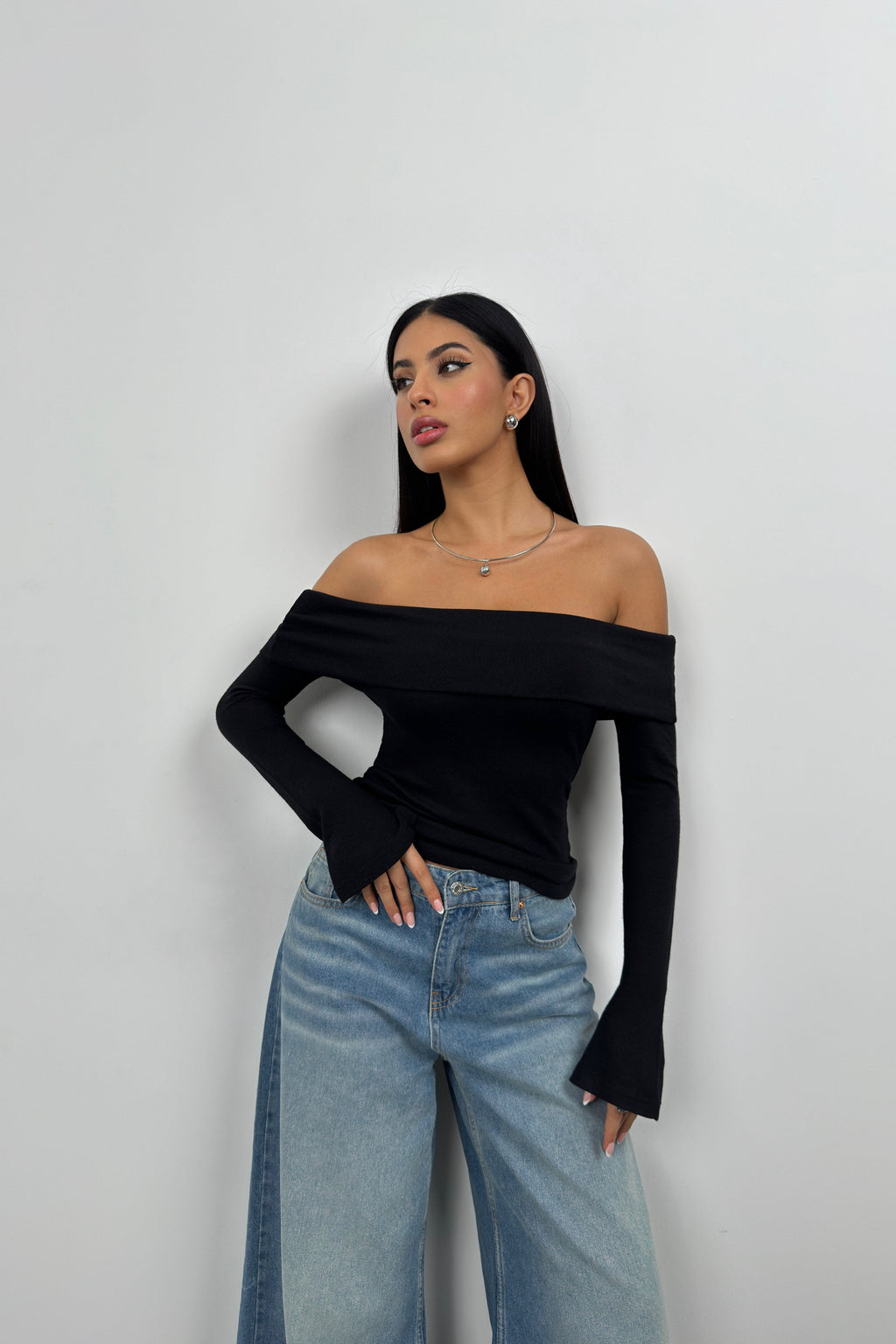 Boat Neck Drape Detail Black Blouse