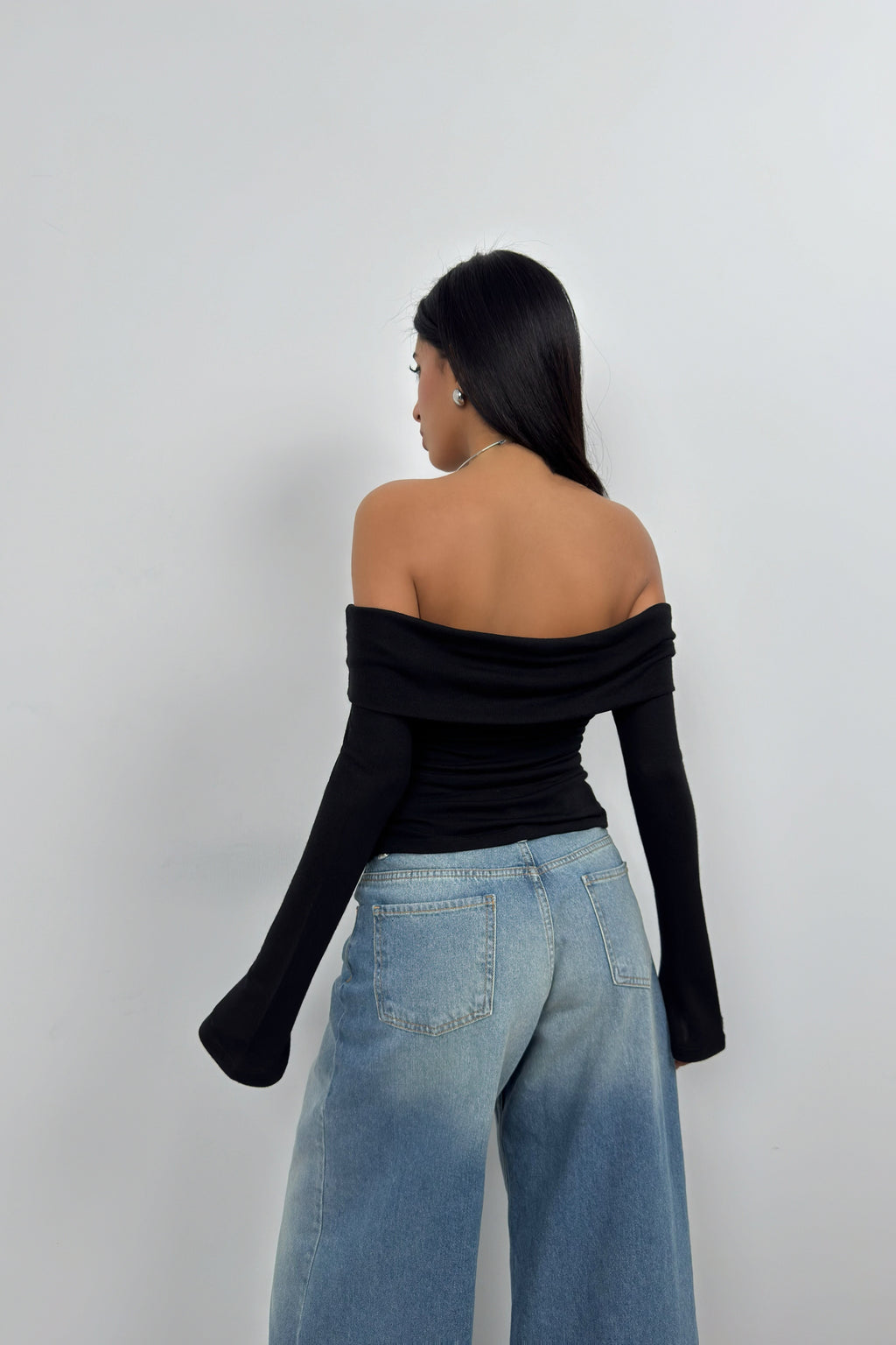 Boat Neck Drape Detail Black Blouse