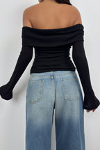 Boat Neck Drape Detail Black Blouse