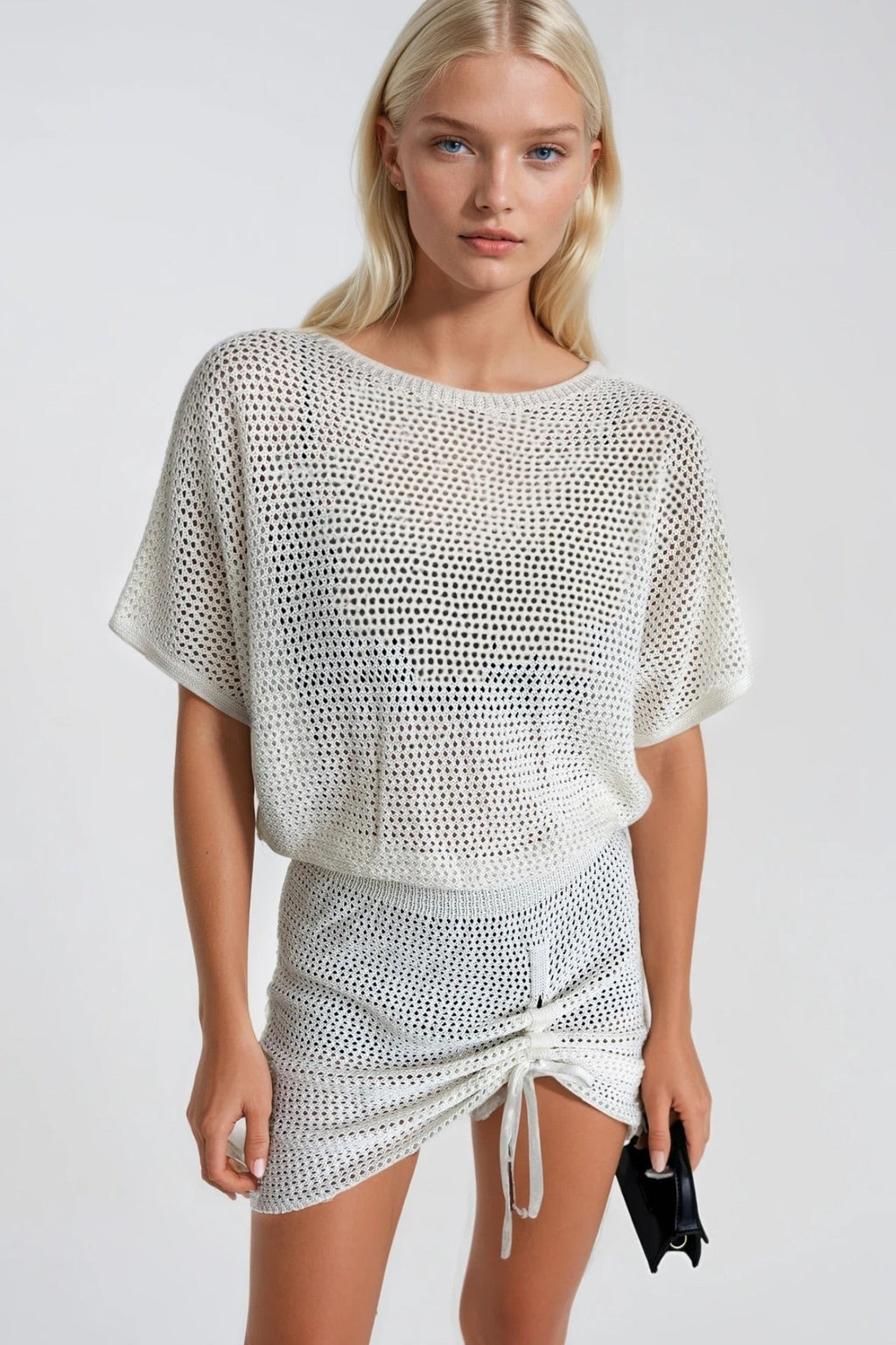 Boat Neck Skirt Ruched Detail Openwork Ecru Dress