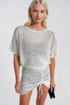 Boat Neck Skirt Ruched Detail Openwork Ecru Dress