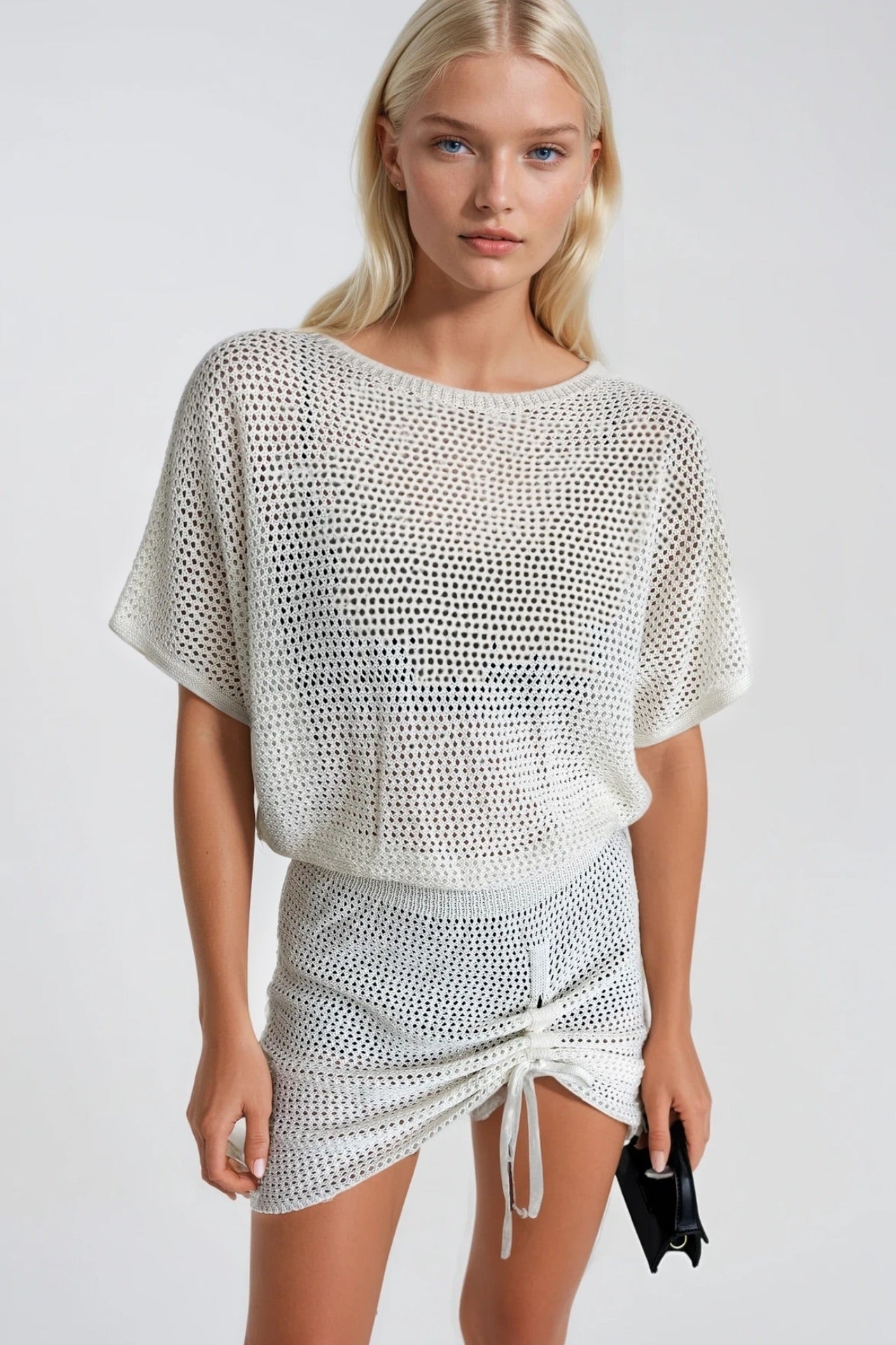 Boat Neck Skirt Ruched Detail Openwork Ecru Dress