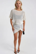 Boat Neck Skirt Ruched Detail Openwork Ecru Dress