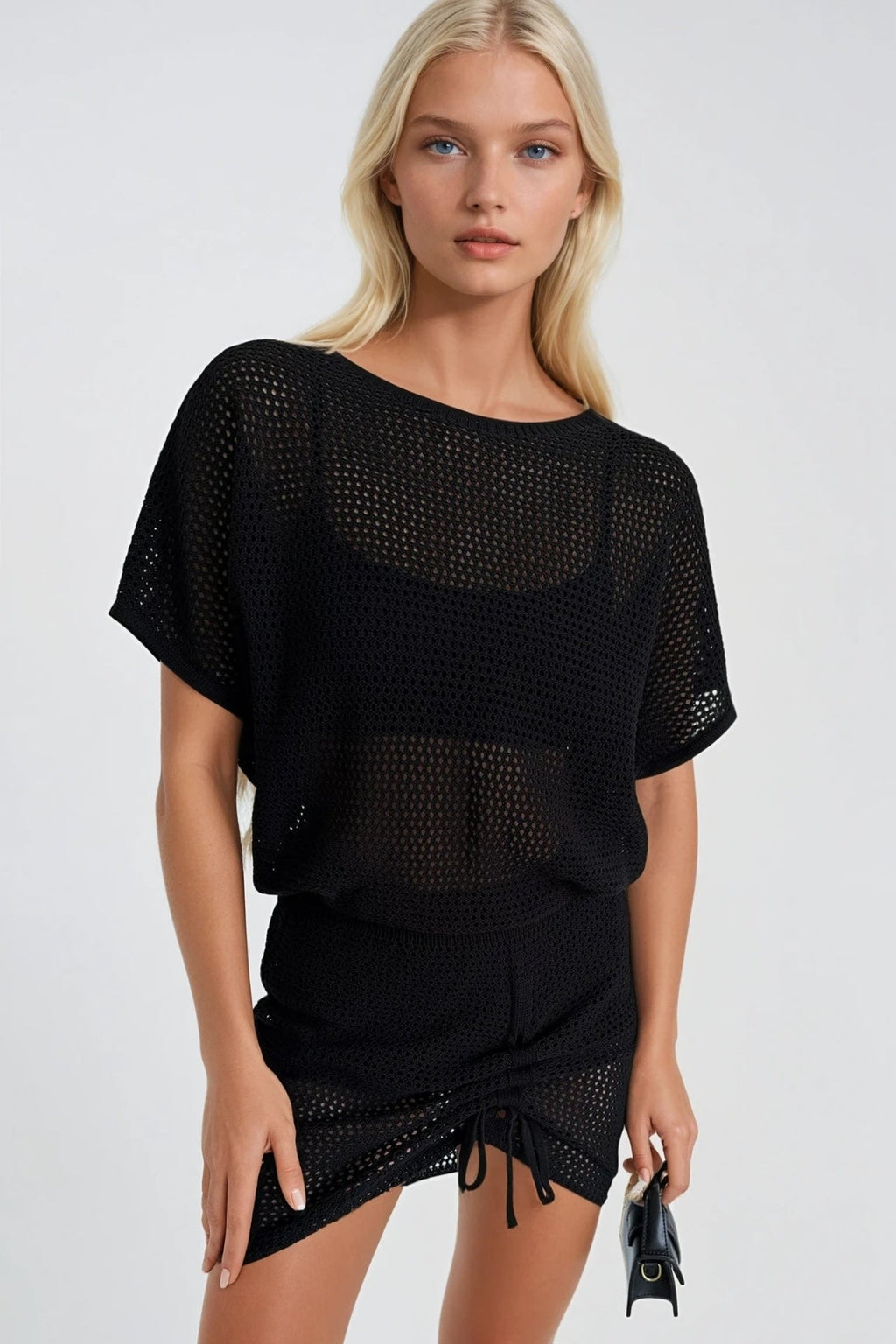 Boat Neck Skirt Ruched Detail Openwork Black Dress