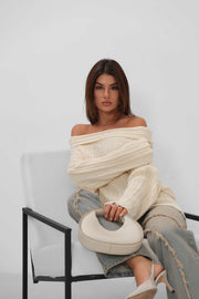 Boat Neck Ribbed Knitted Beige Sweater