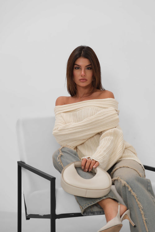 Boat Neck Ribbed Knit Beige Sweater