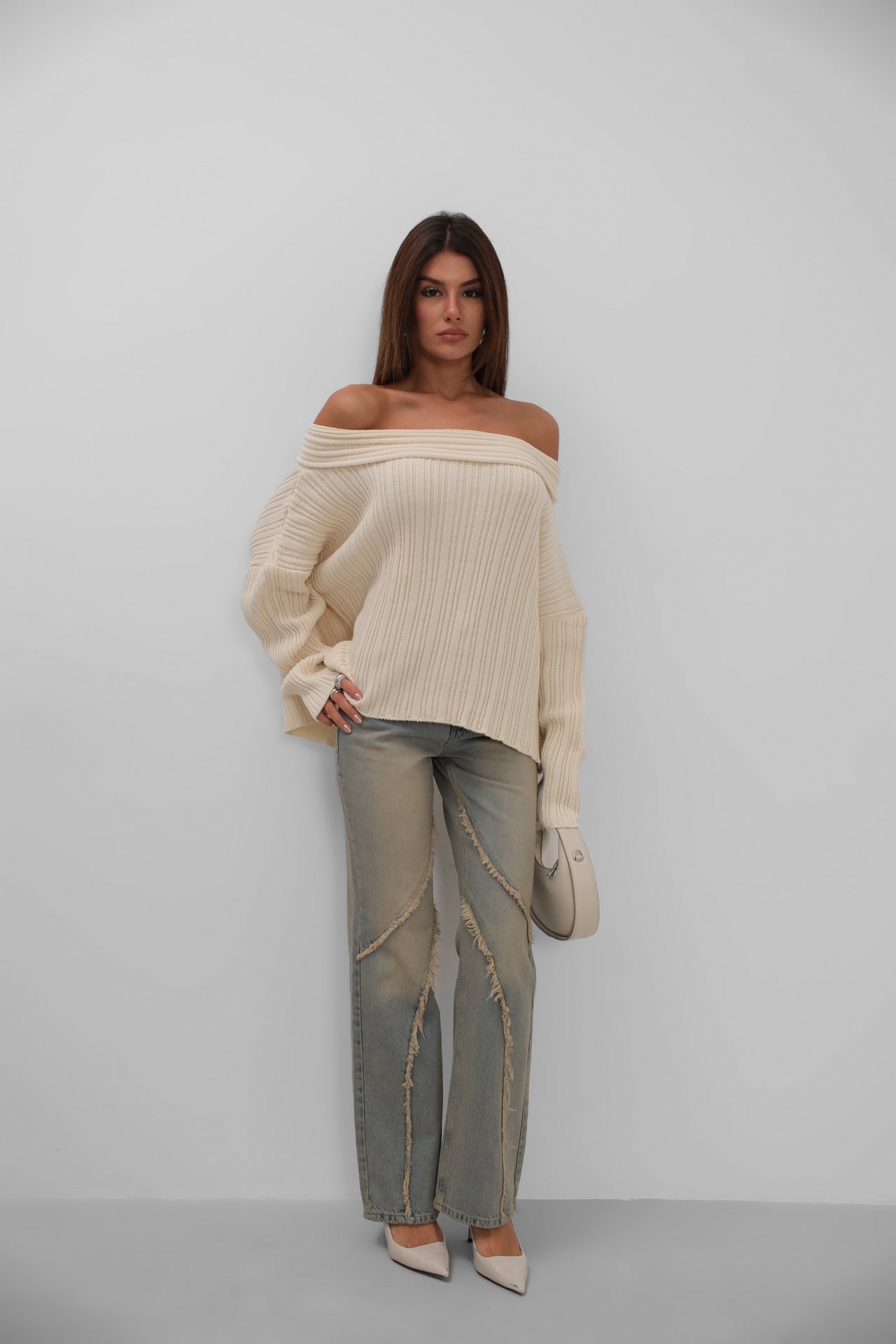 Boat Neck Ribbed Knit Beige Sweater