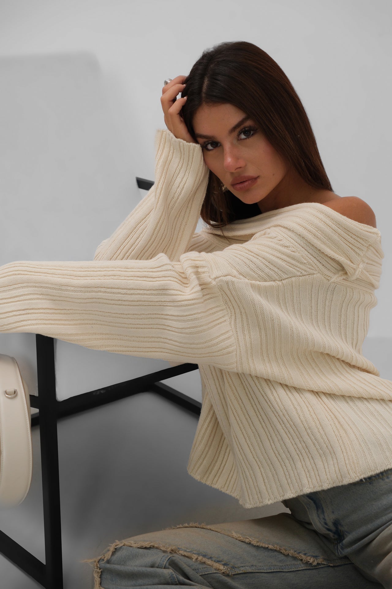 Boat Neck Ribbed Knit Beige Sweater
