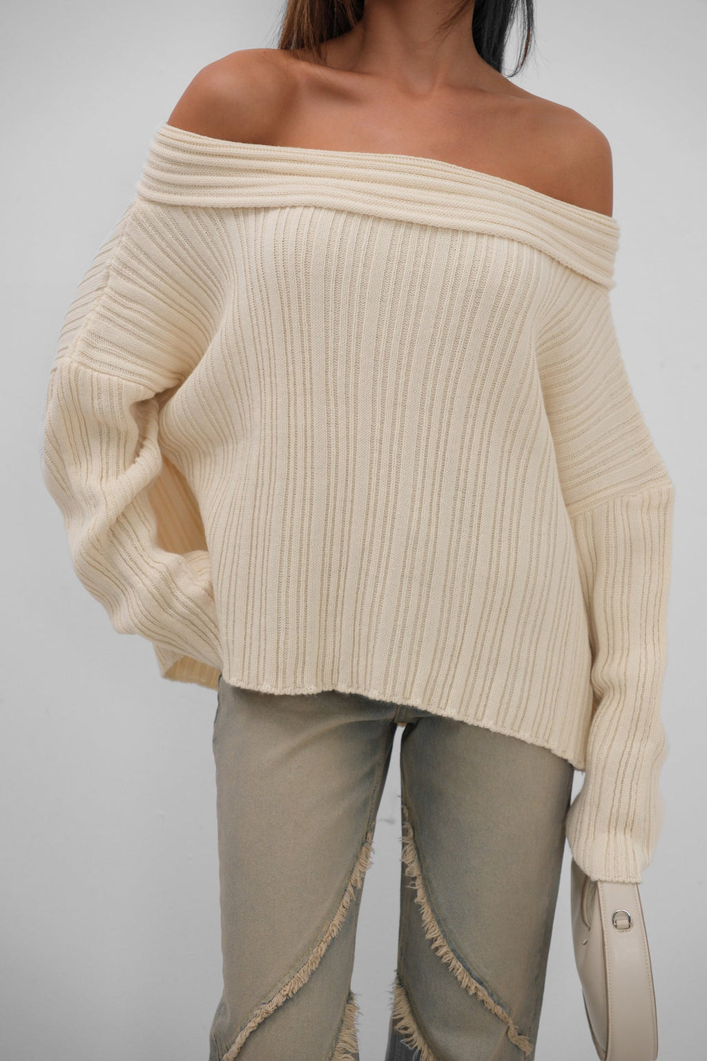 Boat Neck Ribbed Knit Beige Sweater
