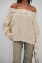 Boat Neck Ribbed Knit Beige Sweater