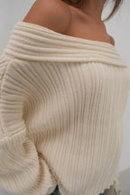 Boat Neck Ribbed Knit Beige Sweater