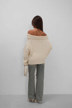 Boat Neck Ribbed Knit Beige Sweater