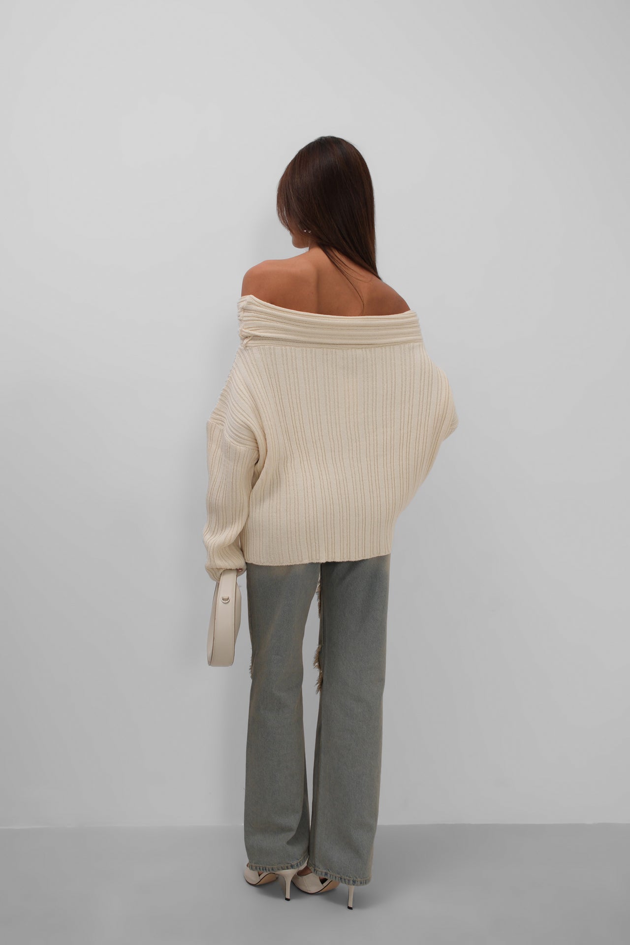 Boat Neck Ribbed Knit Beige Sweater