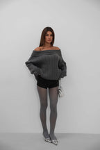 Boat Neck Ribbed Knit Gray Sweater