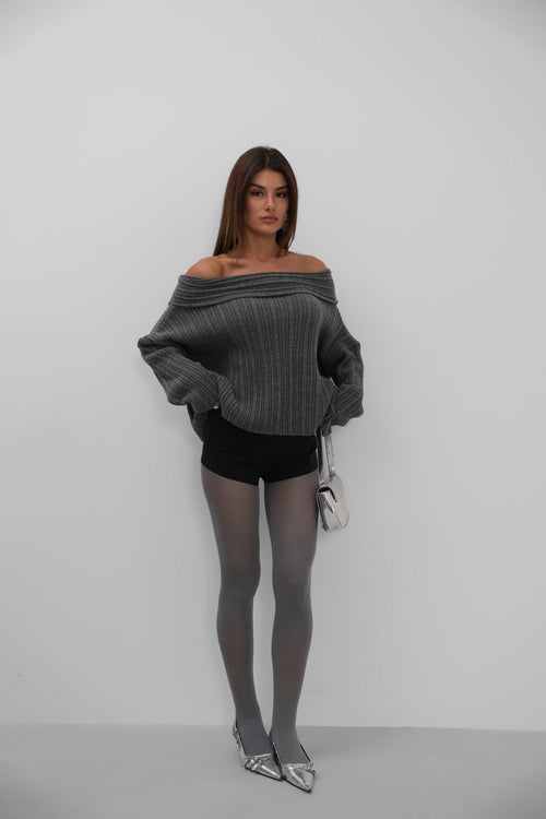 Boat Neck Ribbed Knit Gray Sweater