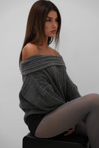 Boat Neck Ribbed Knit Gray Sweater