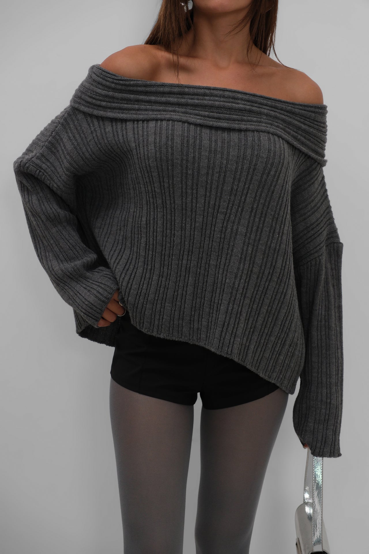 Boat Neck Ribbed Knit Gray Sweater
