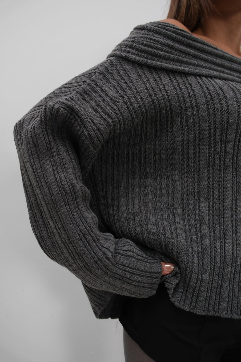 Boat Neck Ribbed Knit Gray Sweater