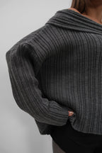 Boat Neck Ribbed Knit Gray Sweater