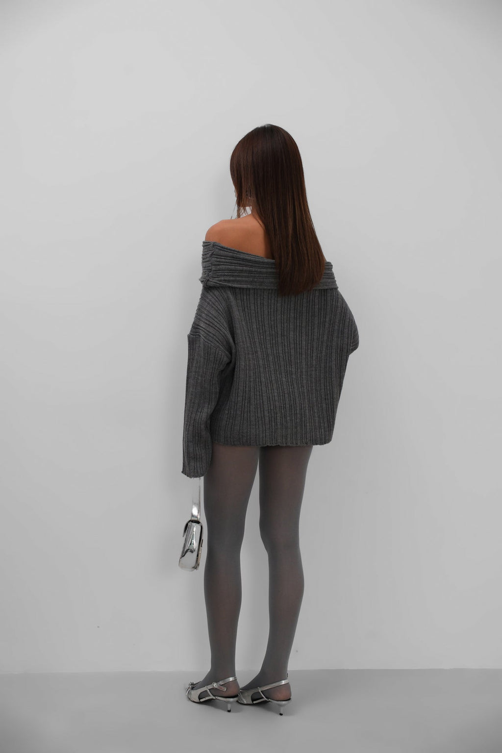 Boat Neck Ribbed Knit Gray Sweater