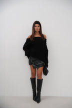 Boat Neck Ribbed Knit Black Sweater